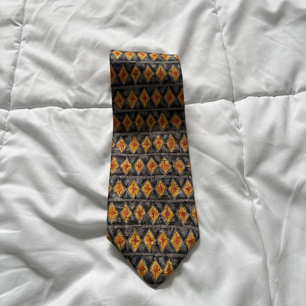 Mens 100% Silk Necktie Luxury Tie Yellow‎ Geometric Designer Maximalist